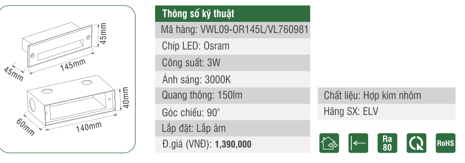 Đèn LED chân tường ELV VWL09-OR145L/VL760981